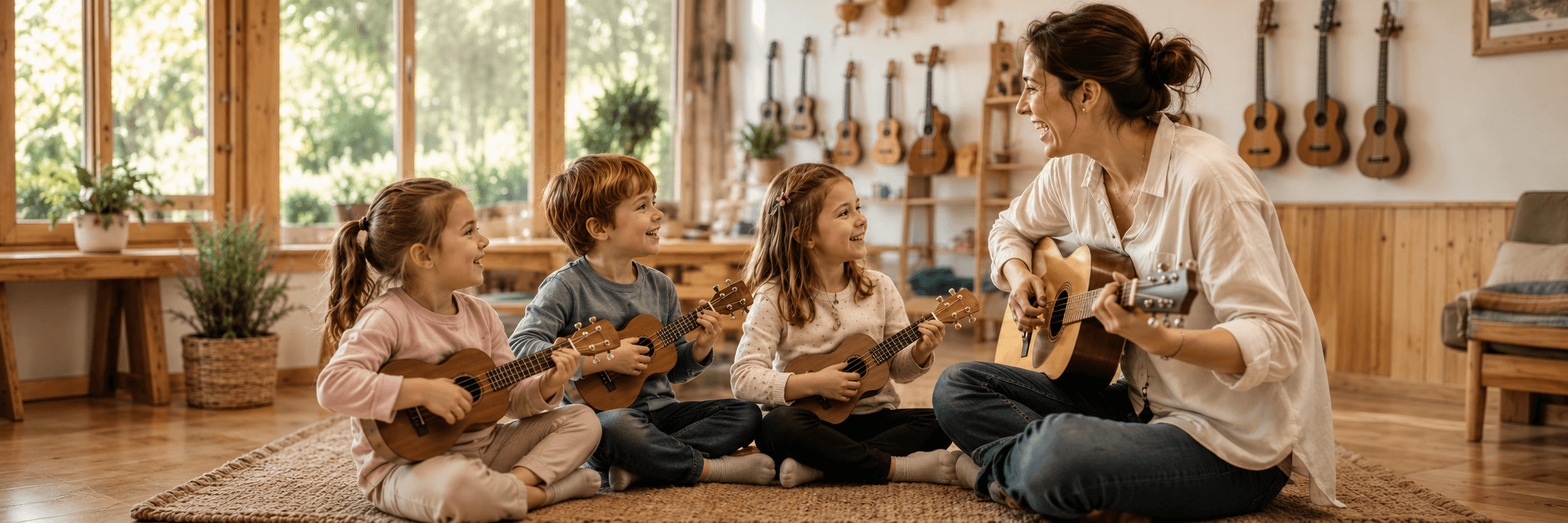 A family music class with children playing ukuleles alongside a teacher