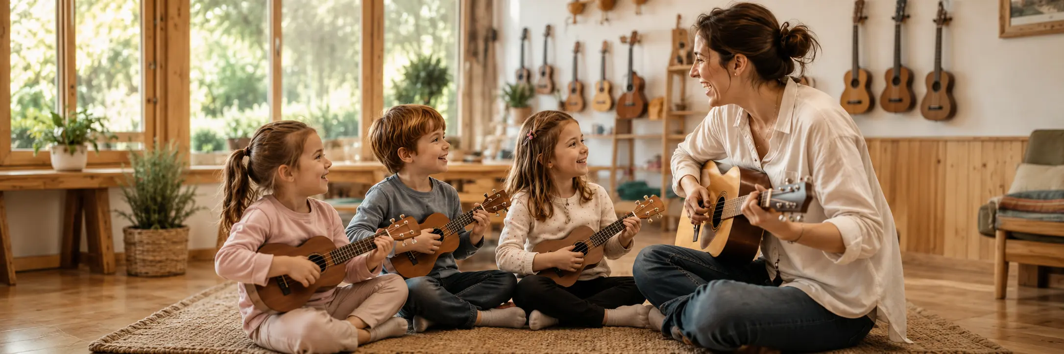 A family music class with children playing ukuleles alongside a teacher